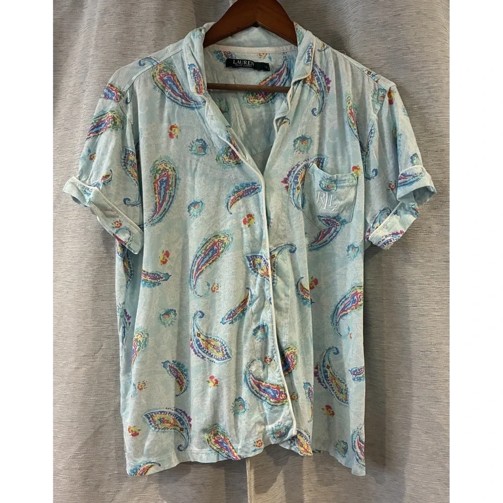 Ralph Lauren Paisley 2 Piece Short Pajama Set Drawstring Button Up Size XL